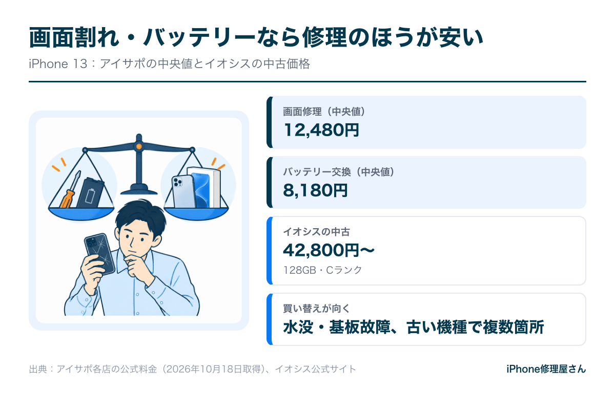 iPhone 13の修理代とイオシスの中古価格の比較