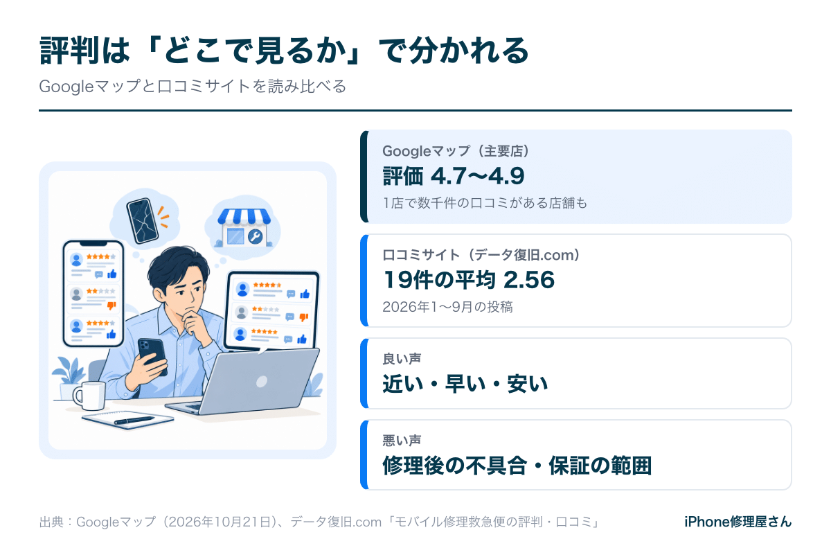 モバイル修理救急便の評判:Googleマップと口コミサイトの評価の違い