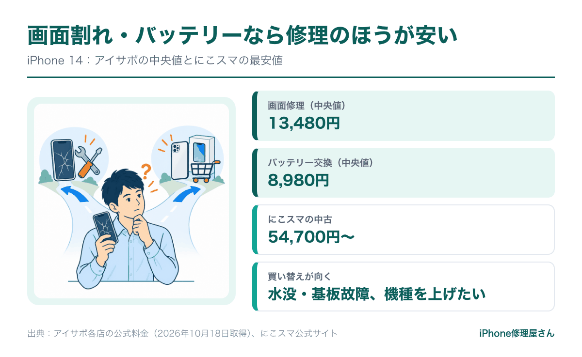 iPhone 14の修理代とにこスマの中古価格の比較