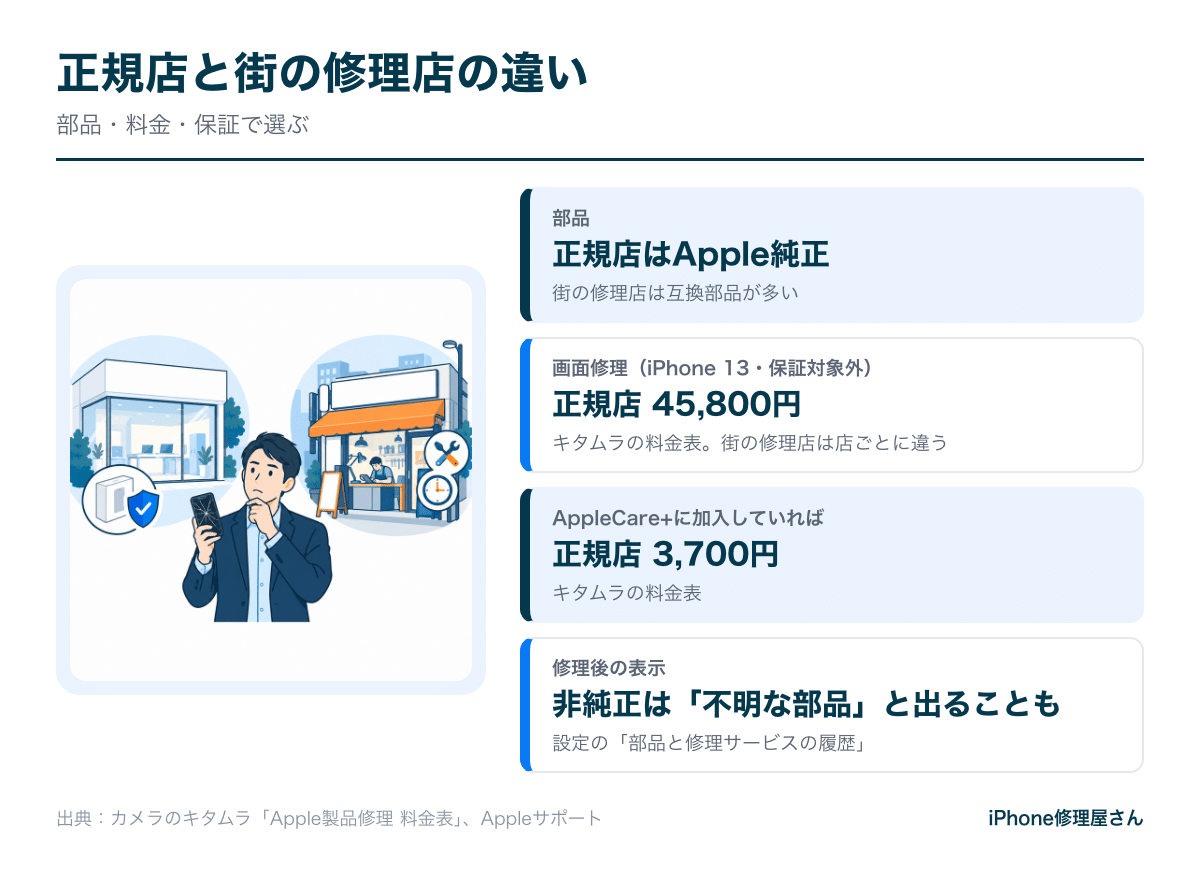 iPhoneの正規店と街の修理店の違い（部品・料金・AppleCare+・修理後の表示）